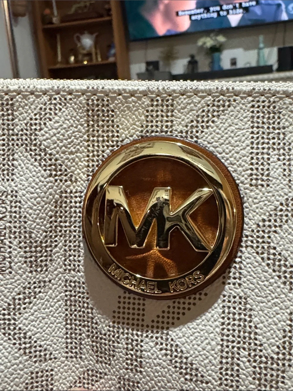 Michael Kors Cream MK Logo Zip Clutch with Gold Emblem